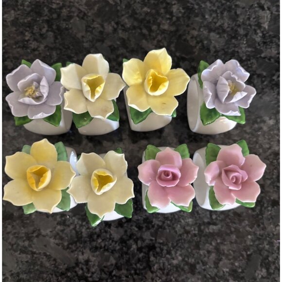 Set Of 8 Diamantine China Floral Napkin Rings Pink Roses & Yellow Daffodils - Picture 16 of 16